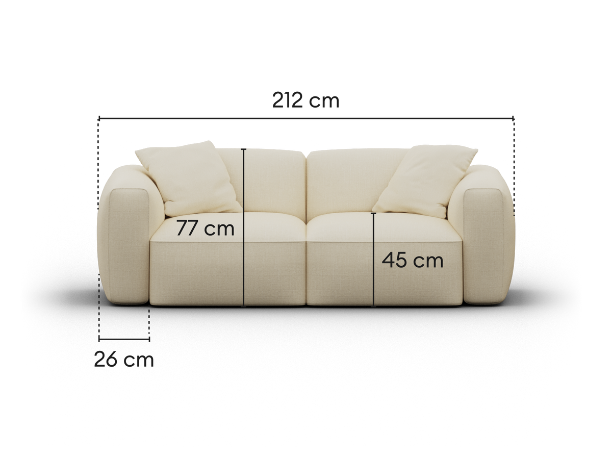 Beige fabric sofa with plush cushioning and round armrests. Features include two seat cushions and matching pillows. Ideal for contemporary living spaces.