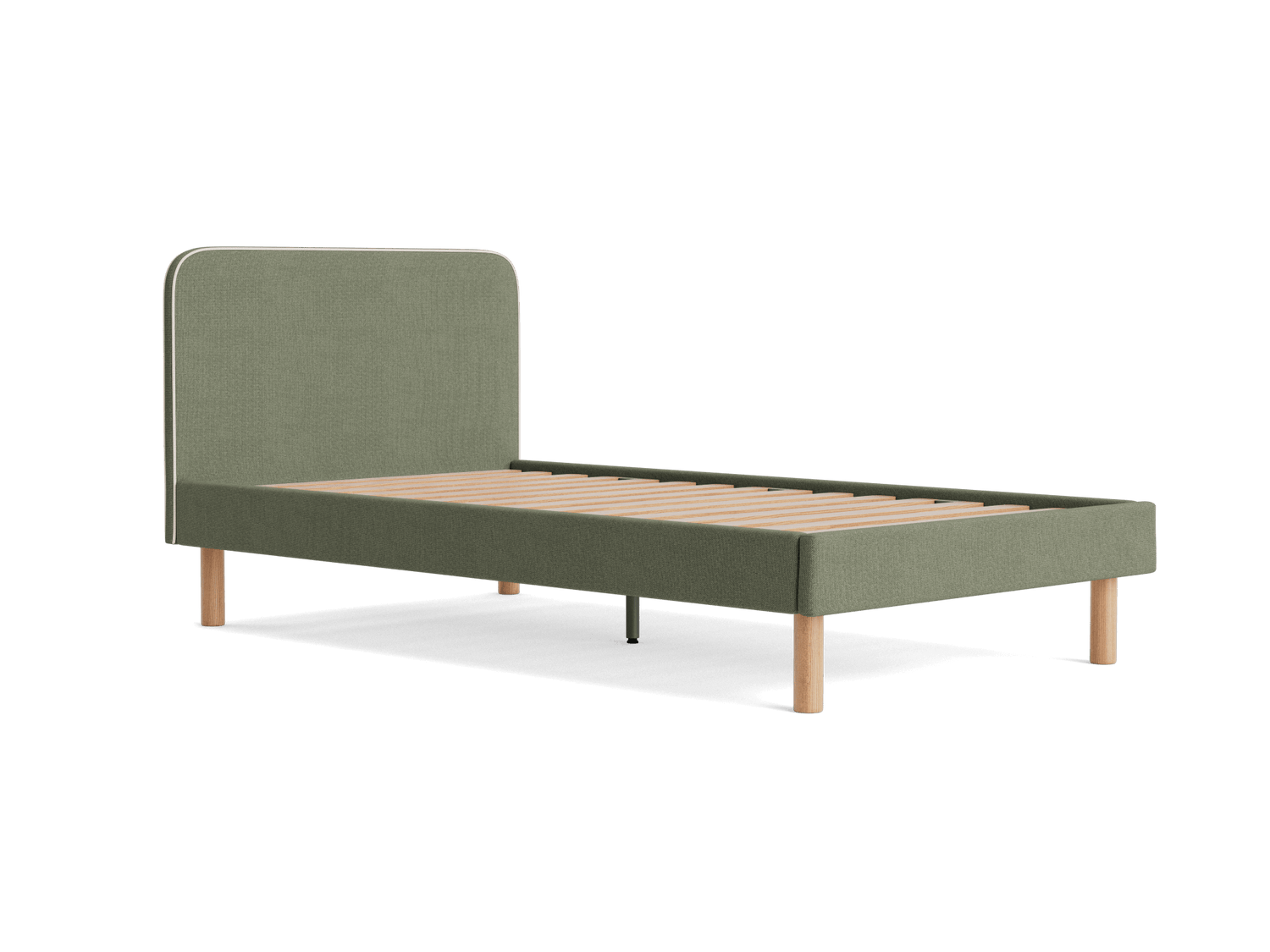 Olive green single bed frame with a tall headboard and wooden slats, supported by light wooden legs.