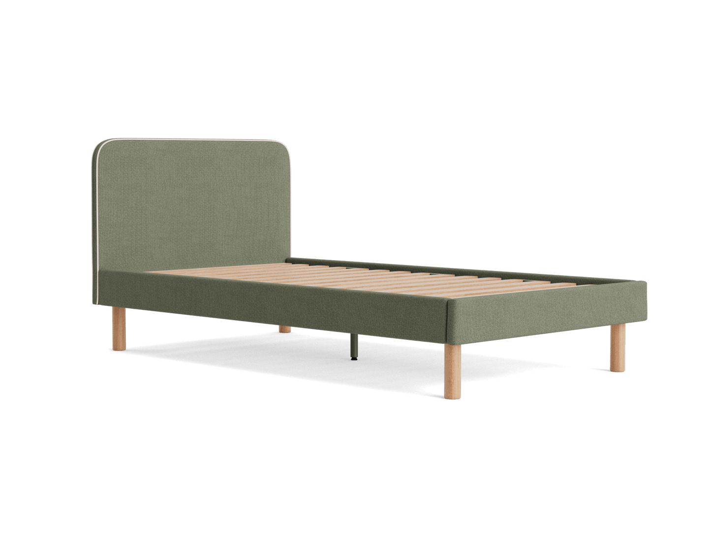 Olive green single bed frame with a fabric headboard and wooden slats. Blonde wood legs provide support. Minimalist bedroom furniture design.