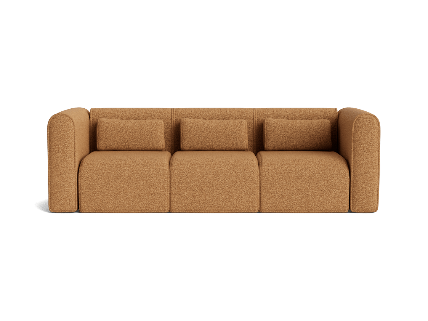 Brown modular sofa with three sections and three matching cushions. The design features rounded armrests and a minimalist aesthetic.