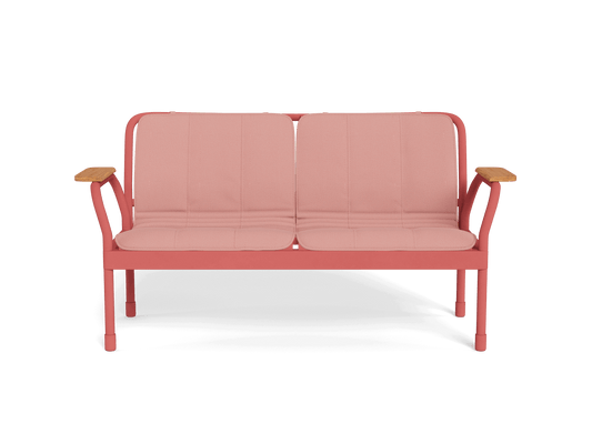 Pink two-seater sofa with wooden armrests and minimalist metal frame.