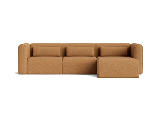 Brown modular sectional sofa with chaise, plush cushions, and rounded armrests. Modern and minimalist design.