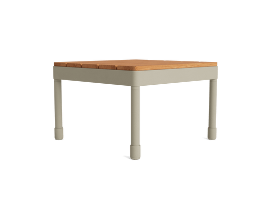 Square wooden coffee table with a light brown top and beige legs, featuring a simple design.