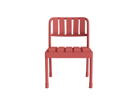 Red metal chair with a slatted back and seat, featuring rounded legs and edges. Simple, modern design ideal for outdoor or indoor use.