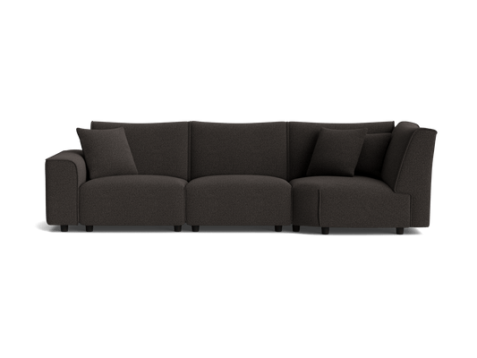 Dark grey modular sectional sofa with three cushions, featuring a modern design and left-side armrest.