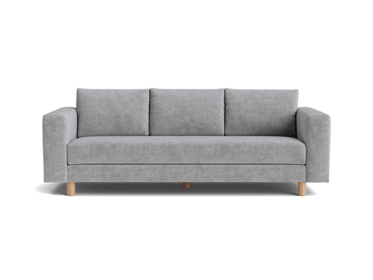 Light grey fabric sofa with three cushions, round wooden legs, and wide armrests. Simple, modern design.