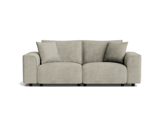 Light grey, modern two-seater sofa with broad armrests and cushioned backrest. Minimalist design, ideal for stylish living rooms.