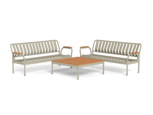 Outdoor furniture set with two light grey metal benches featuring wooden armrests and a matching square wooden coffee table in the centre.