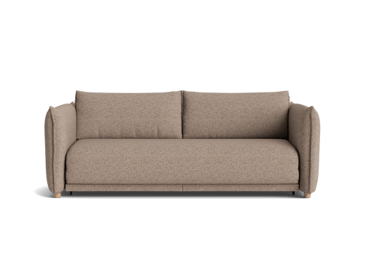 Beige fabric sofa with two back cushions and wooden legs, simple design suitable for modern living rooms.