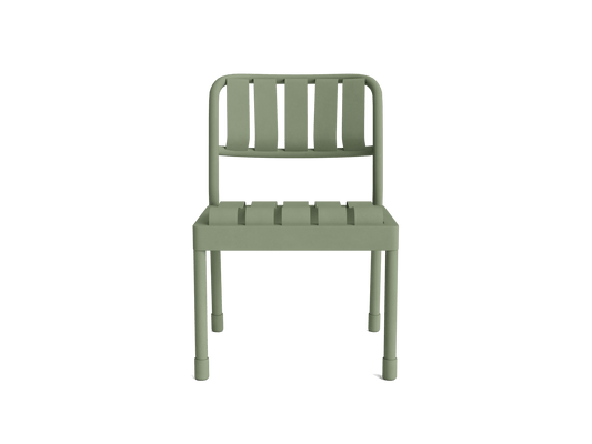 Sage green metal chair with a slatted back and seat, featuring straight legs and a minimalist design. Perfect for indoor or outdoor use.