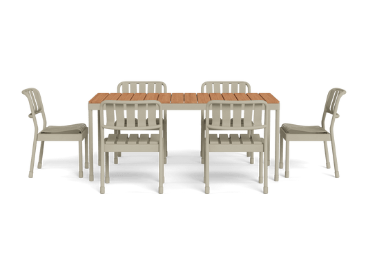 Outdoor dining set with a rectangular wooden table and six light grey chairs. Simple, modern design perfect for alfresco dining.