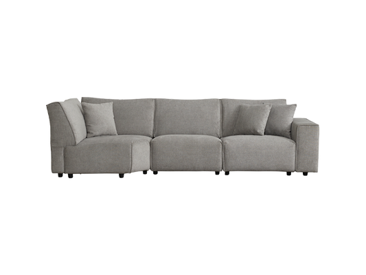 Light grey modular sectional sofa with three seat cushions and three matching pillows. Contemporary design with rounded armrests.