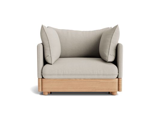 Light grey armchair with wooden base, featuring plush cushions and minimalist design. Perfect for a modern living room setting.