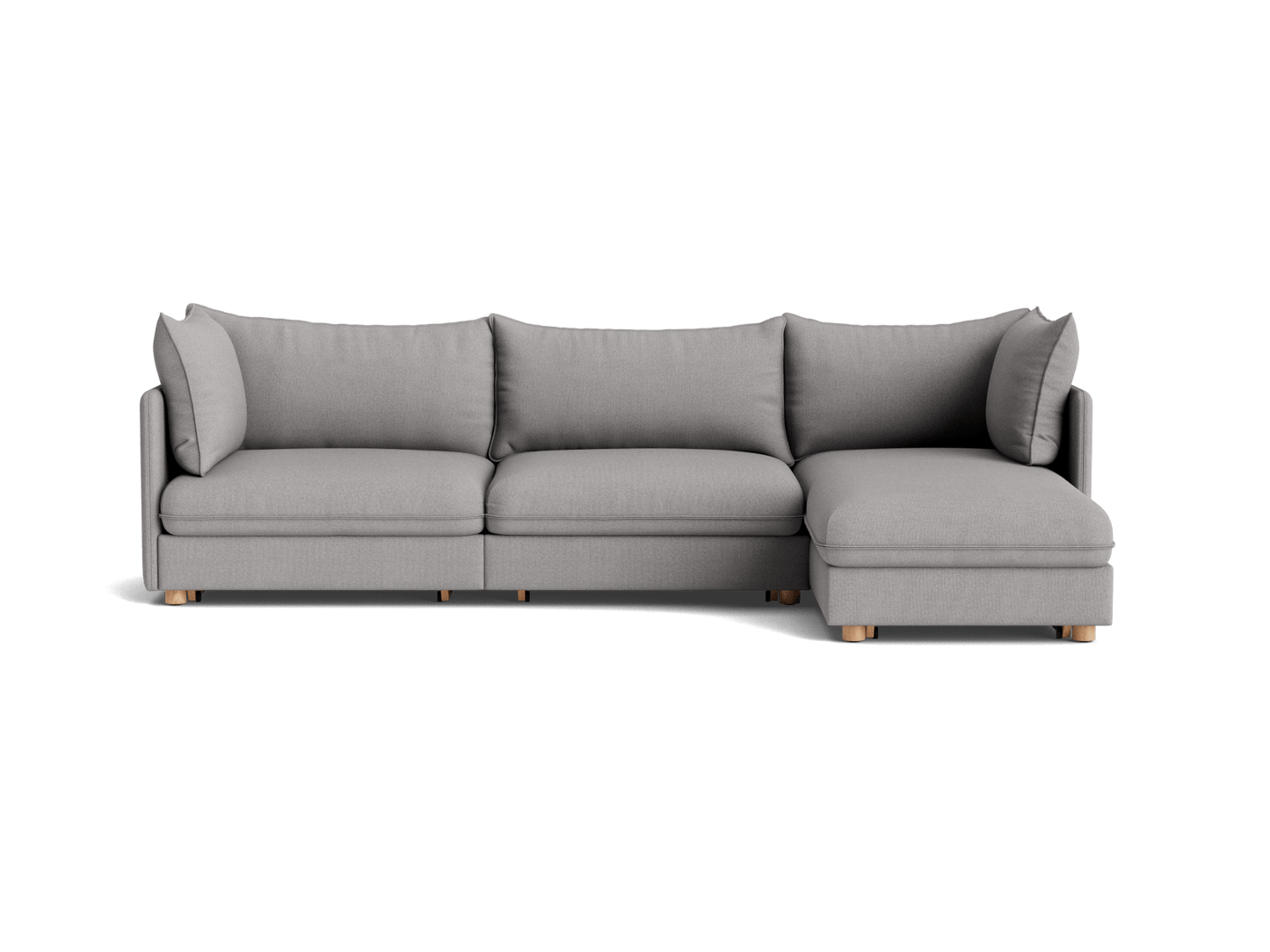 Light grey L-shaped sectional sofa with wooden legs, featuring three seating cushions and a right side chaise.