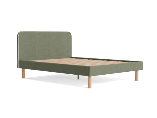 Olive green bed frame with a fabric headboard and wooden legs. Simple, modern design. Ideal for minimalist bedroom decor.