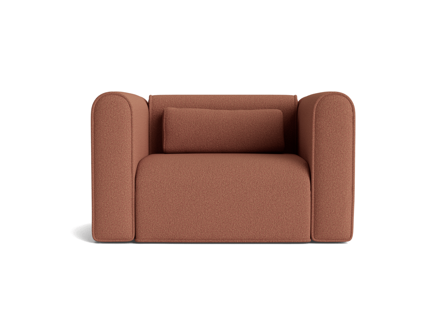 Brown armchair with rounded armrests and a square pillow, featuring a minimalist design. Perfect for modern home decor.