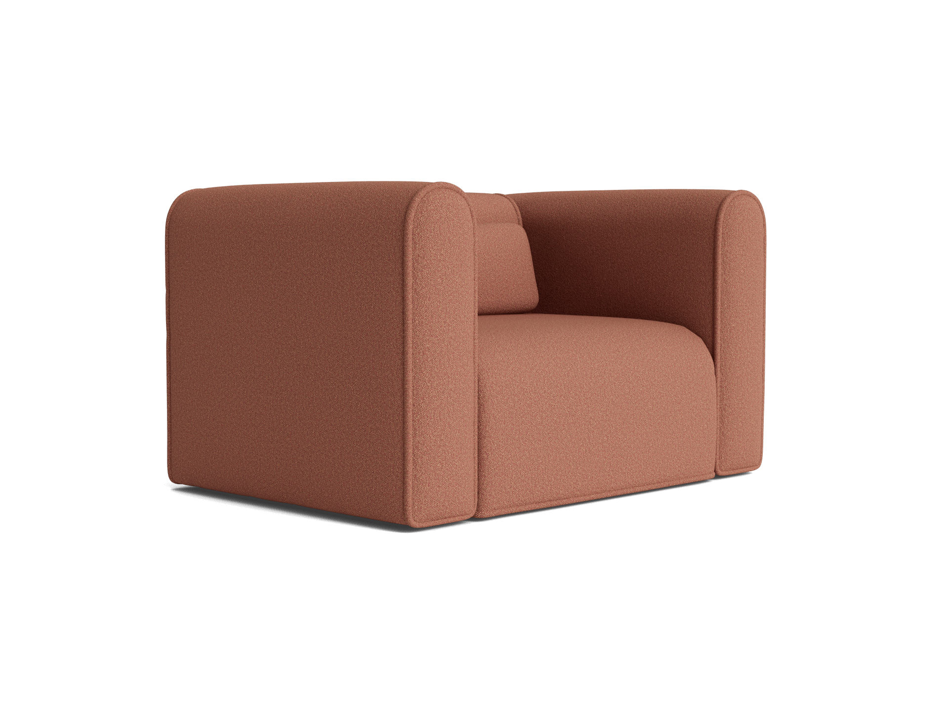 Brown armchair with a minimalist design, featuring soft rounded edges and a compact, cushioned seat.