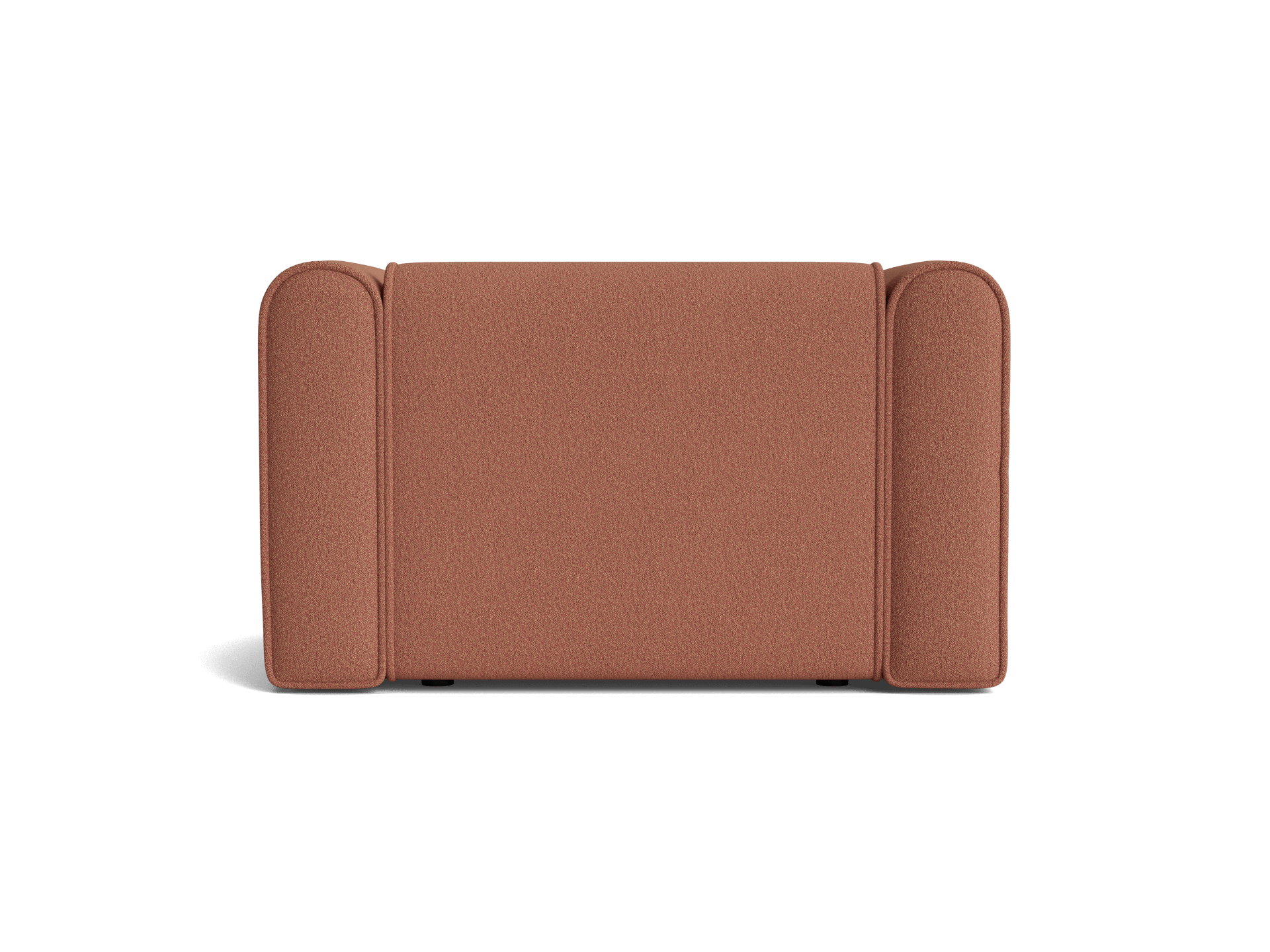 Brown fabric sofa armrest with rectangular shape and rounded edges, featuring a minimalist design.