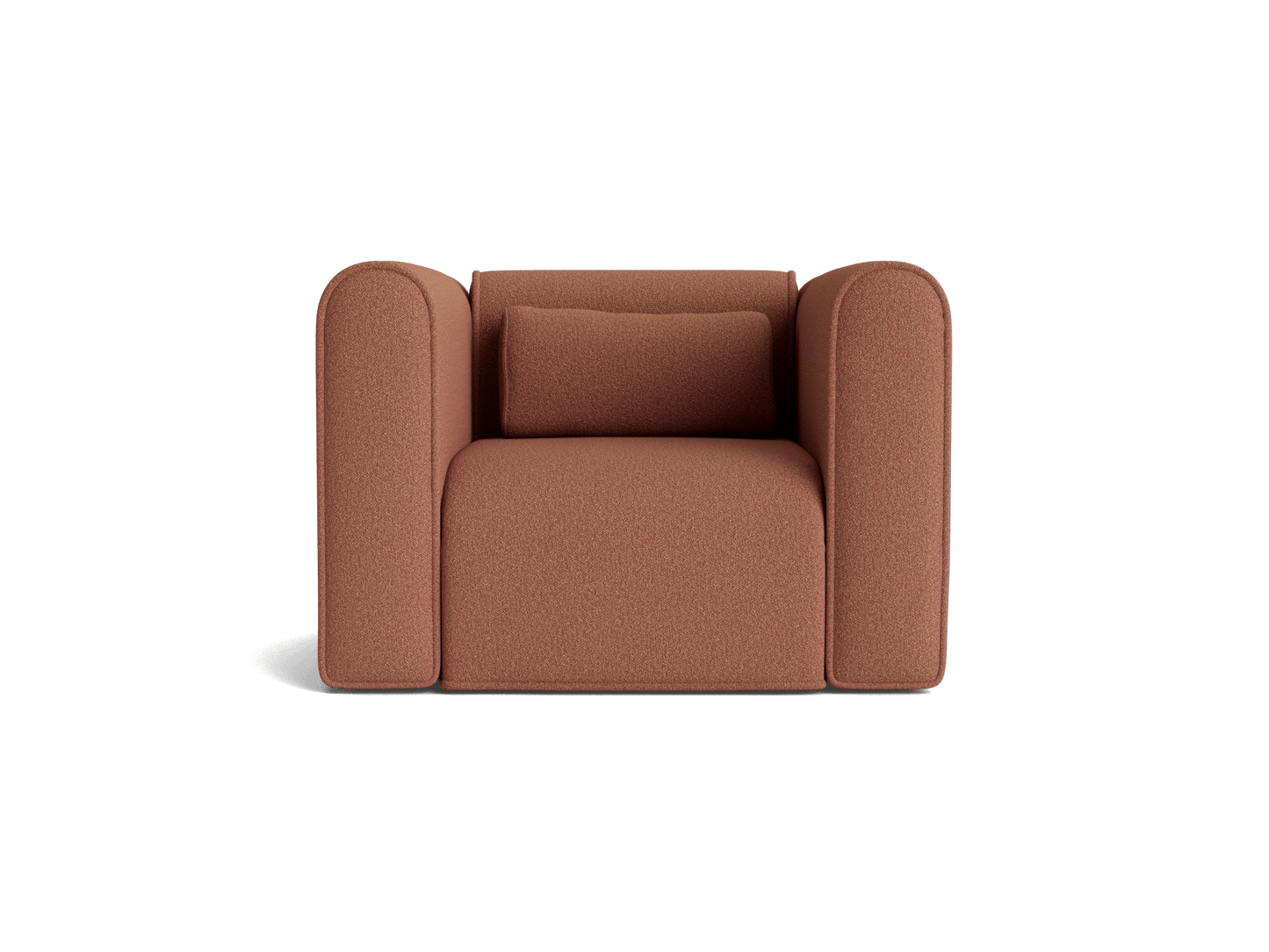 Rust-coloured modern armchair with a rectangular back cushion. The chair features a boxy design with rounded armrests.