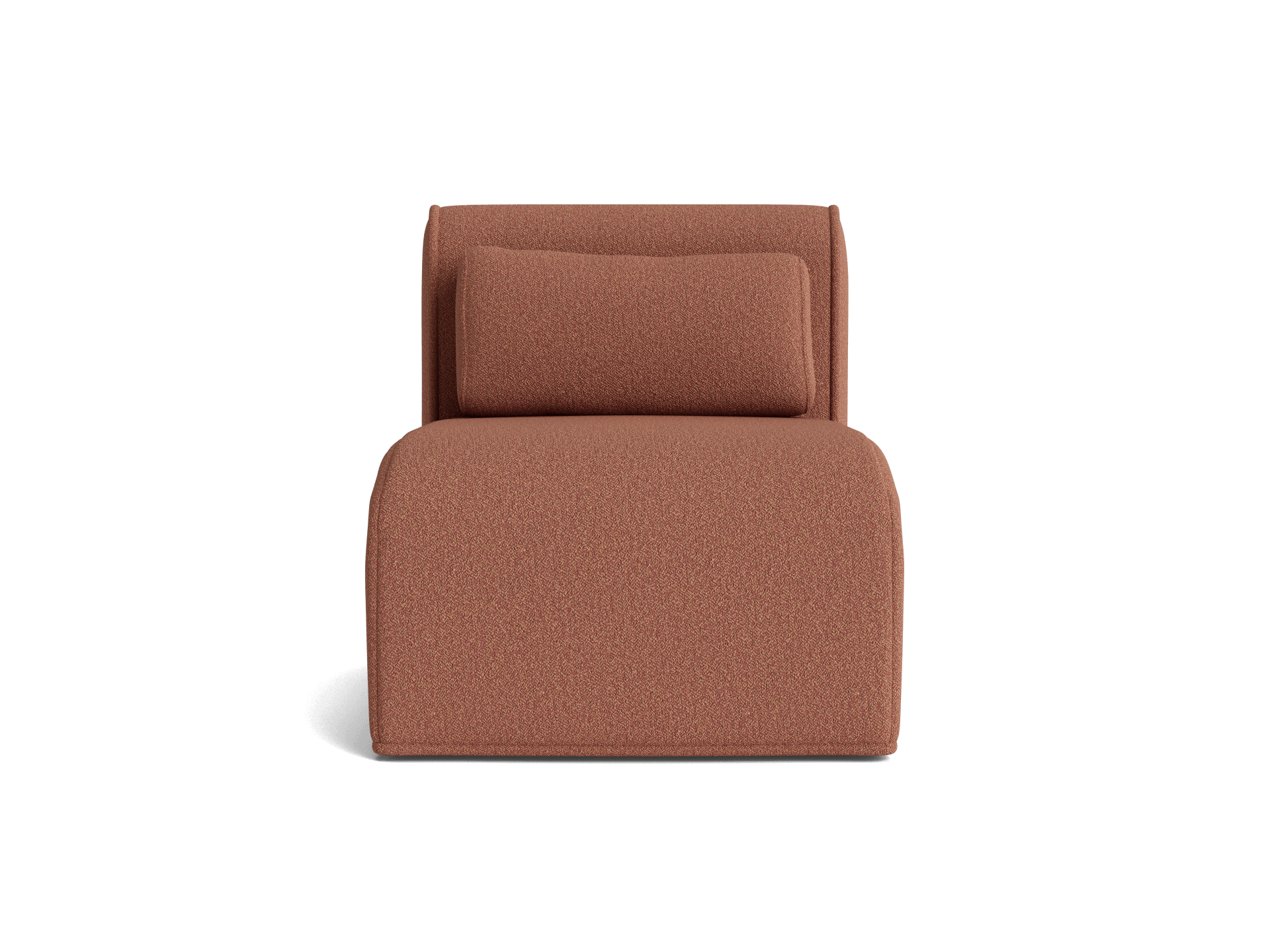 Rust-coloured upholstered lounge chair with a rectangular back cushion and rounded edges, set against a plain background.