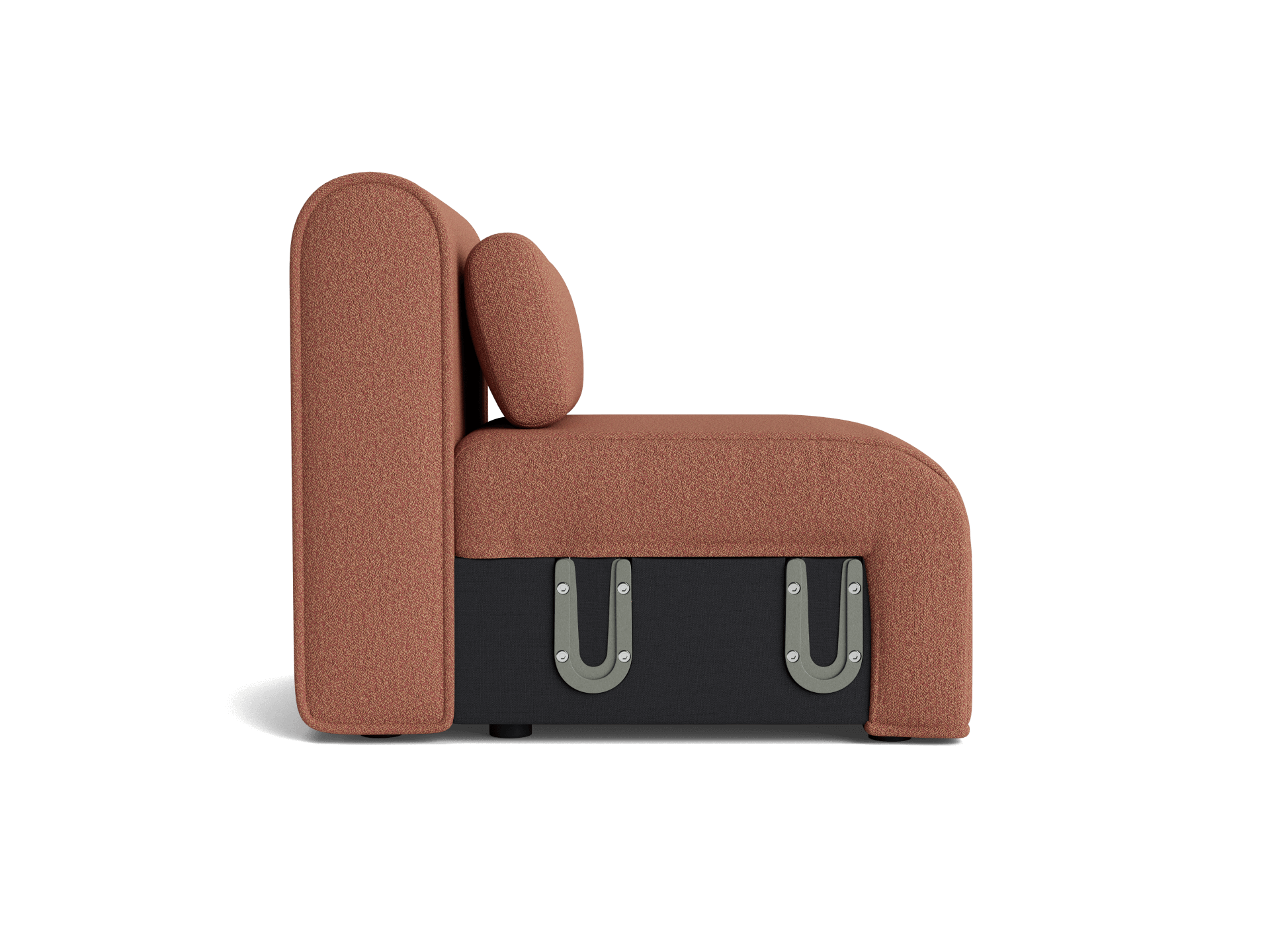 Side view of a modern brown modular sofa segment with a black base and metal latches, featuring a curved design and a small round cushion.
