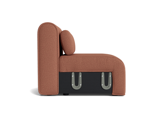 Side view of a modern brown modular sofa segment with a black base and metal latches, featuring a curved design and a small round cushion.