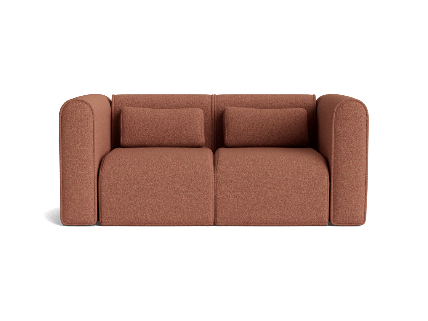 Brown modern two-seater sofa with rounded arms, minimalistic design, and two square cushions, on a white background.