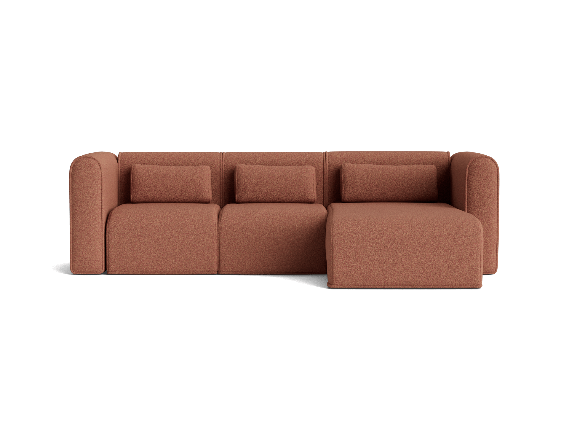 Brown modular sectional sofa with chaise, featuring three seat cushions and three backrest pillows. Modern design and clean lines.