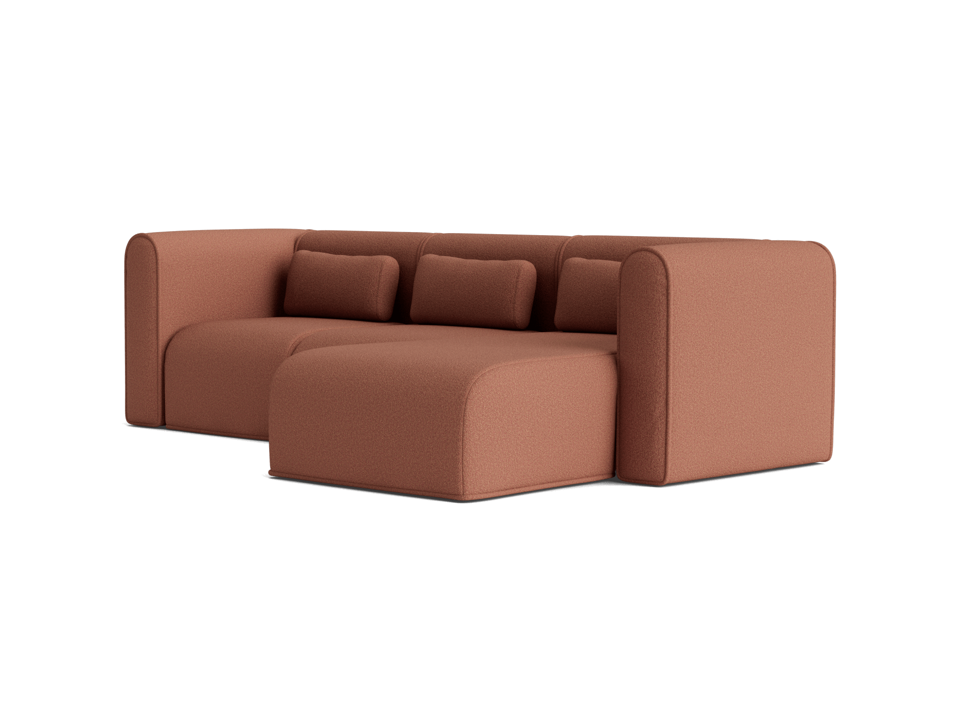 Modern brown sectional sofa with rounded edges and three matching cushions.