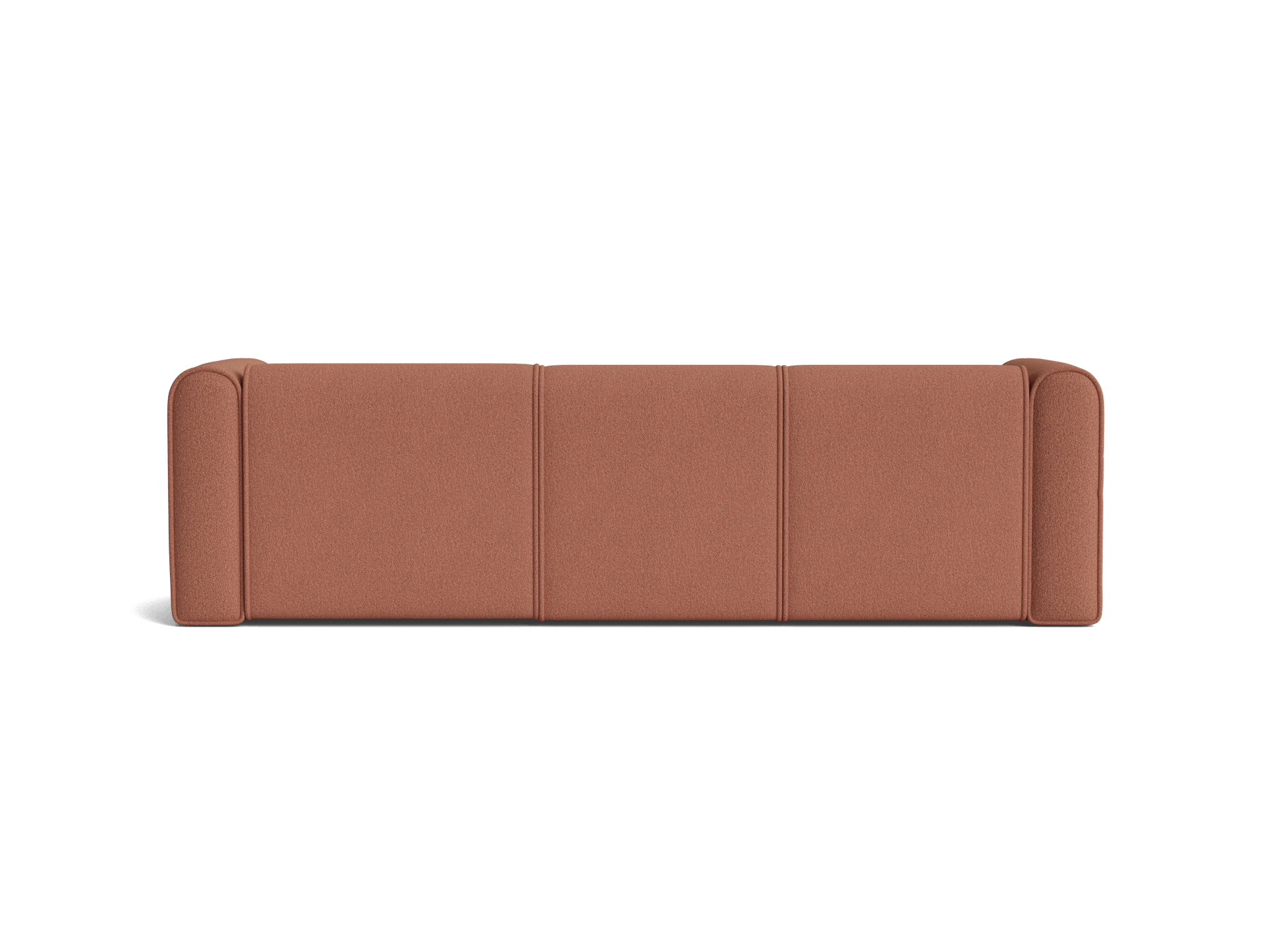 Rust-coloured upholstered bench with three segments and rounded edges, viewed from the front, on a white background.