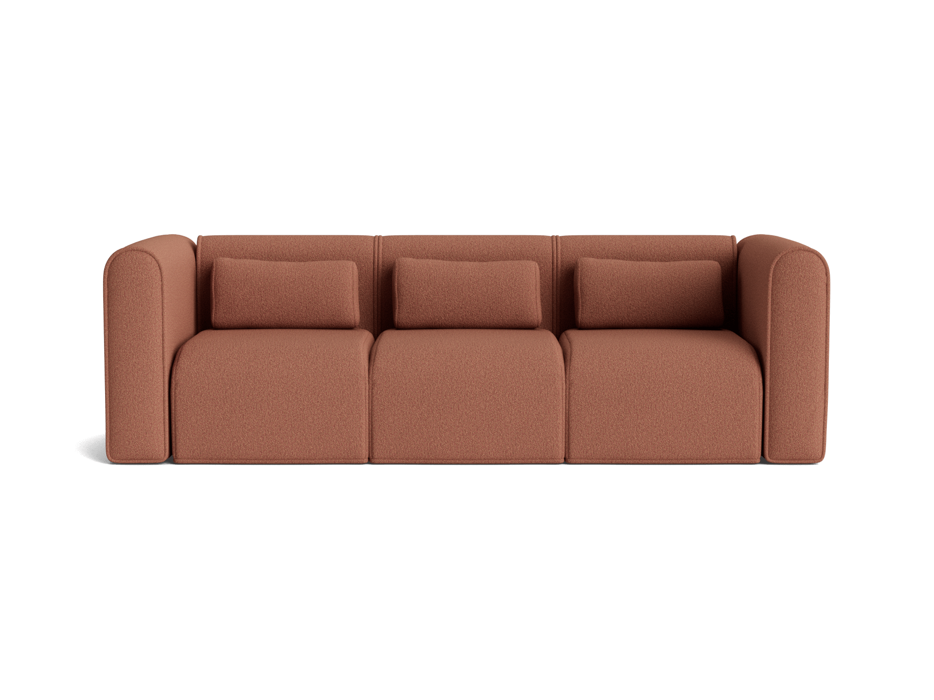 Brown three-seater sofa with minimalist design and plush cushions. Upholstered in fabric with rounded armrests. Contemporary lounge furniture.