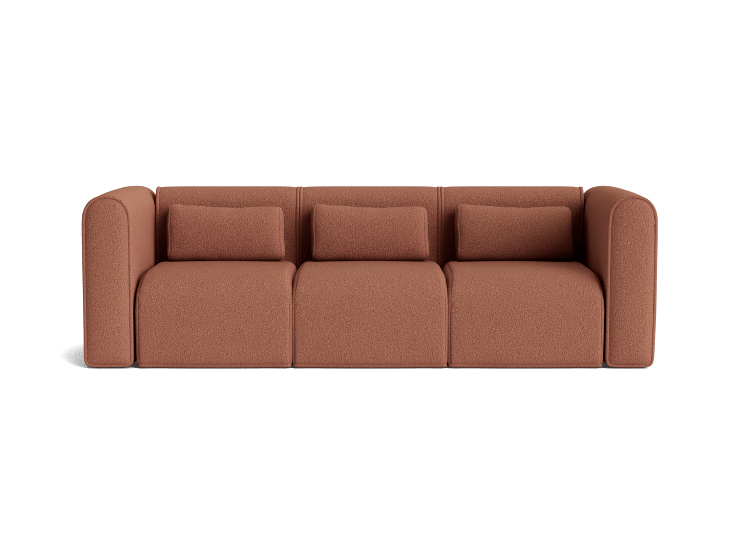 Three-seater brown fabric modular sofa with curved arms and square cushions, offering a modern and minimalist design.