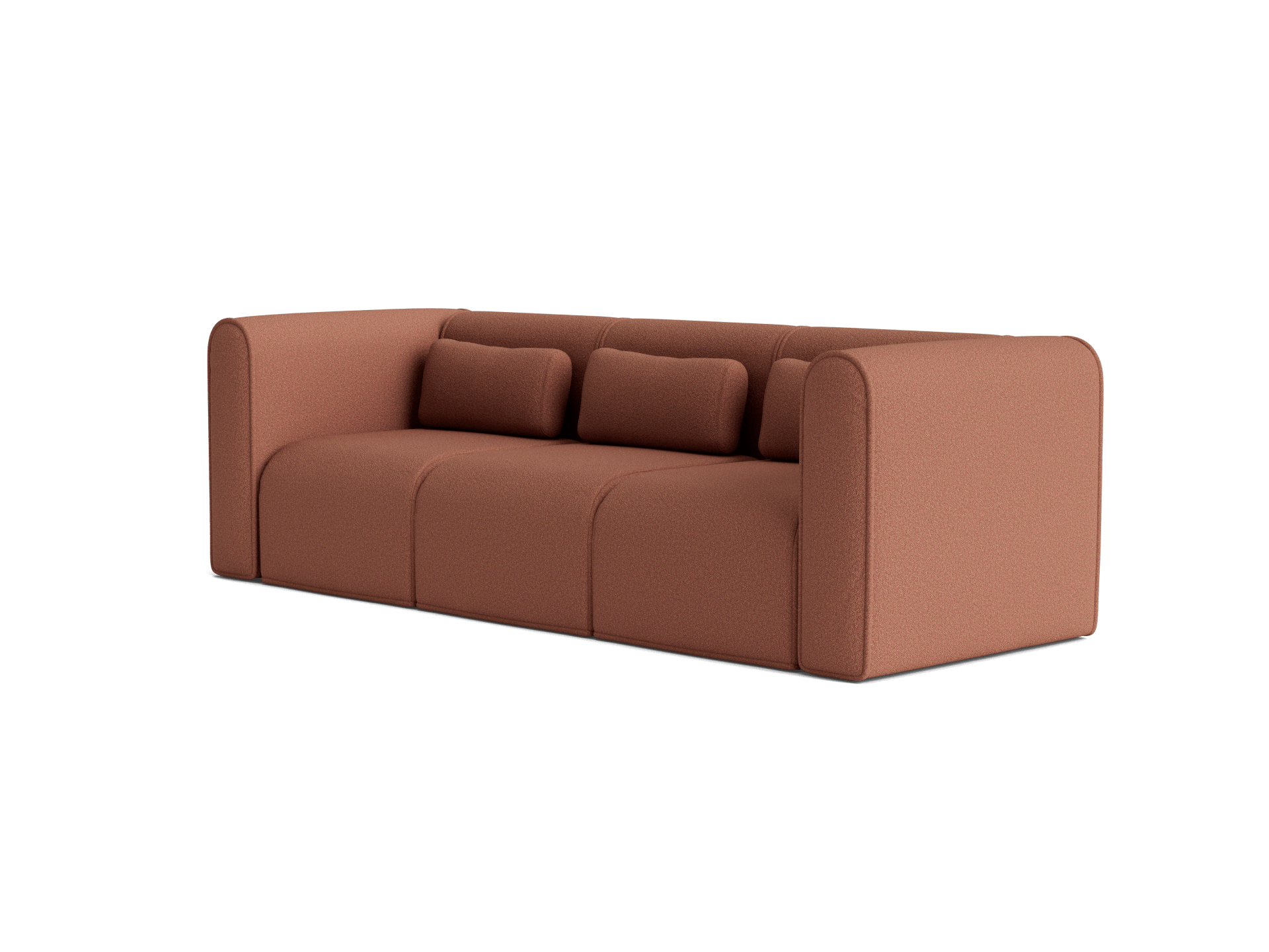 Brown three-seater fabric sofa with three matching cushions. Modern design featuring rounded arms and back.