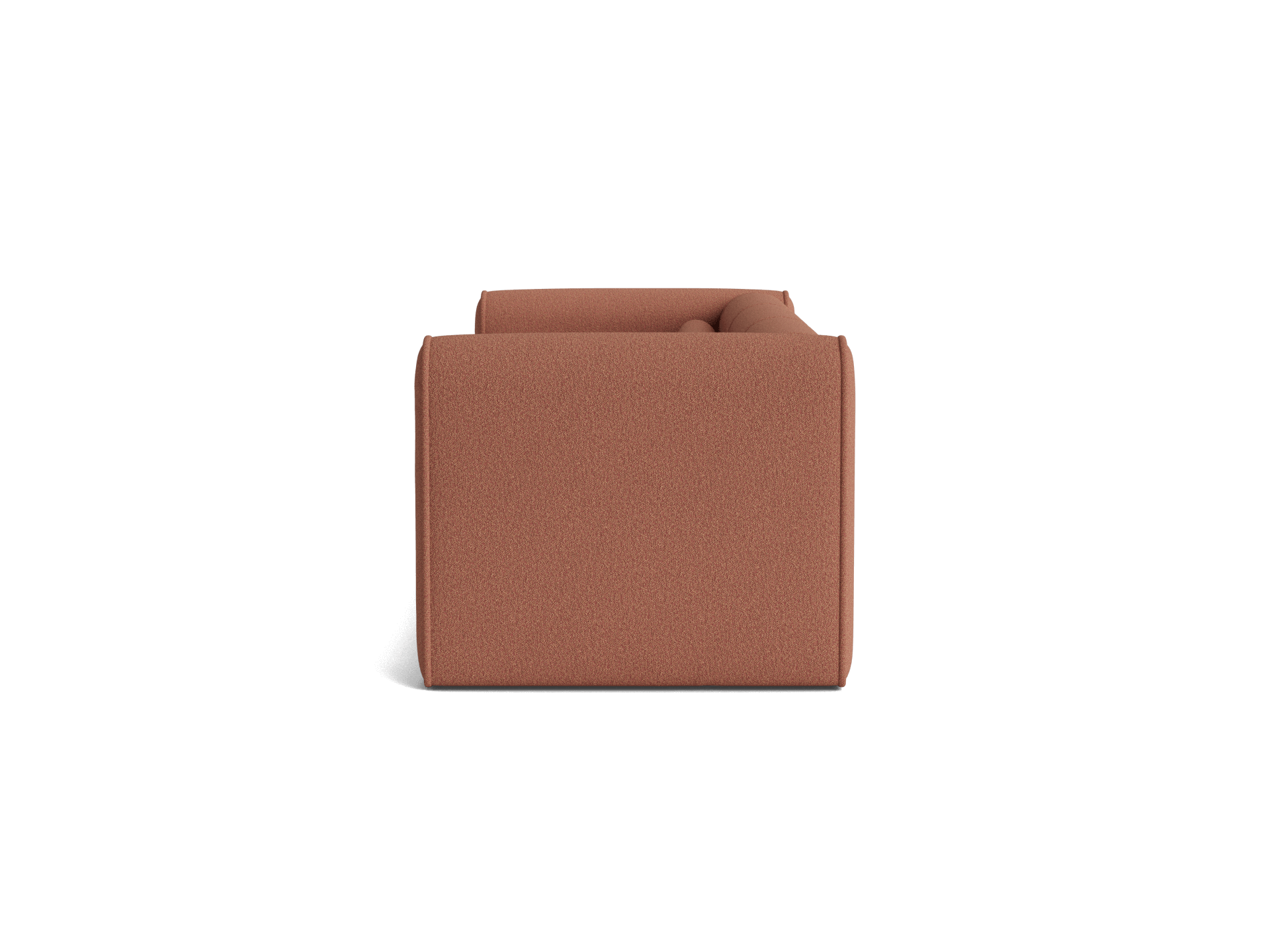 Side view of a compact, square, light brown fabric armchair with a minimalist design and smooth texture.