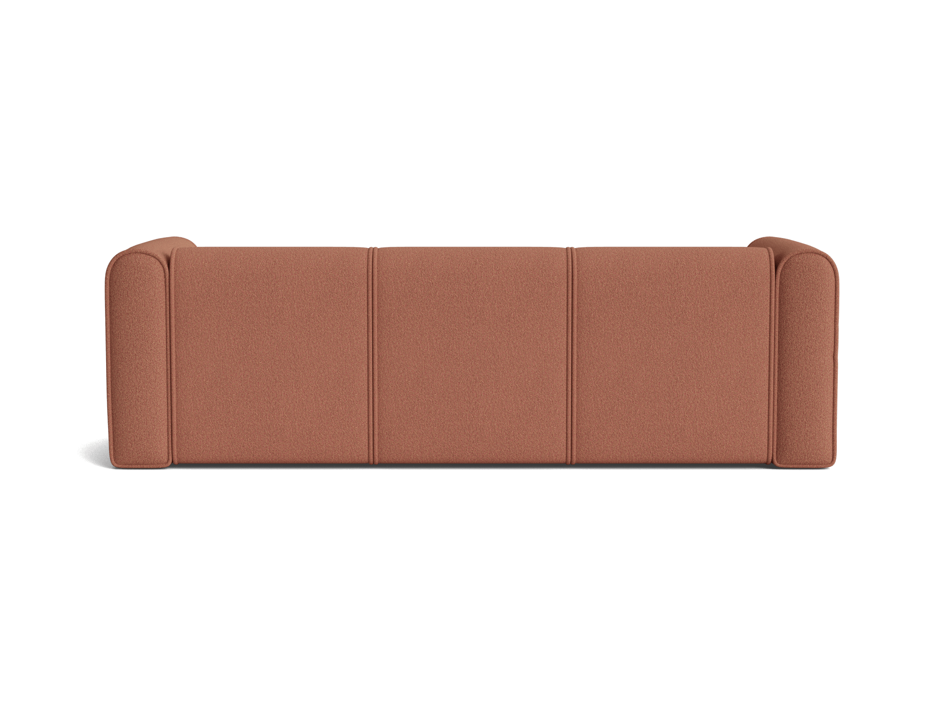 Back view of a three-seater couch upholstered in brown fabric. The design features rounded armrests and a minimalist structure.