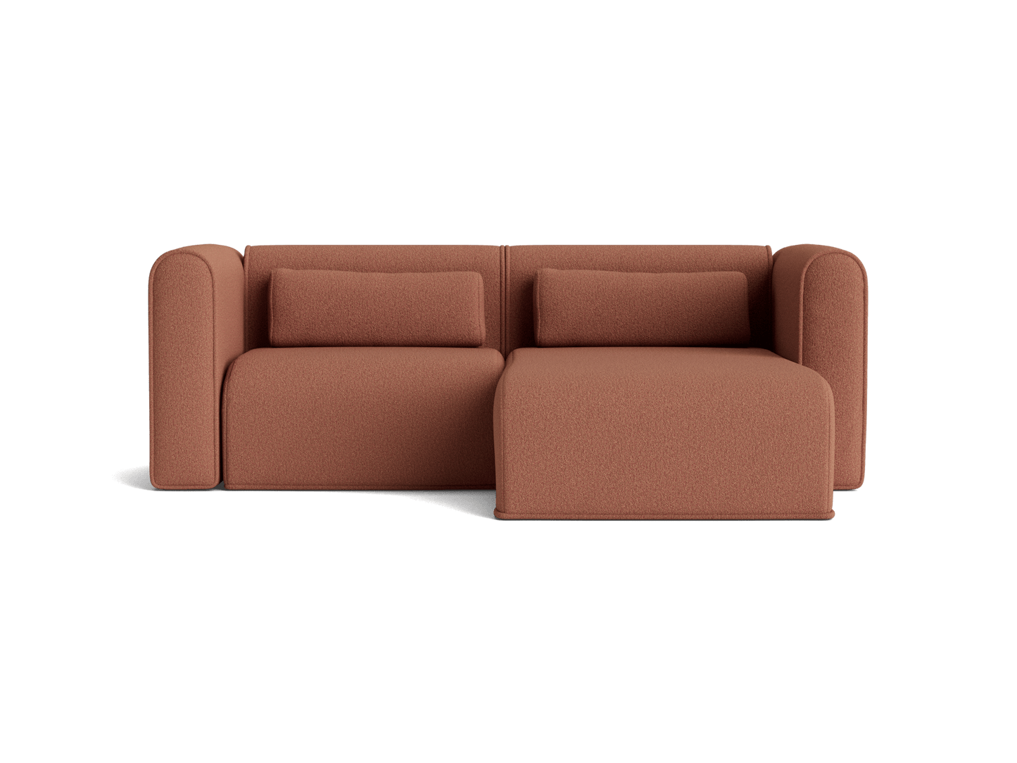 Modern brown fabric sofa with chaise lounge, featuring round armrests and two matching cushions.