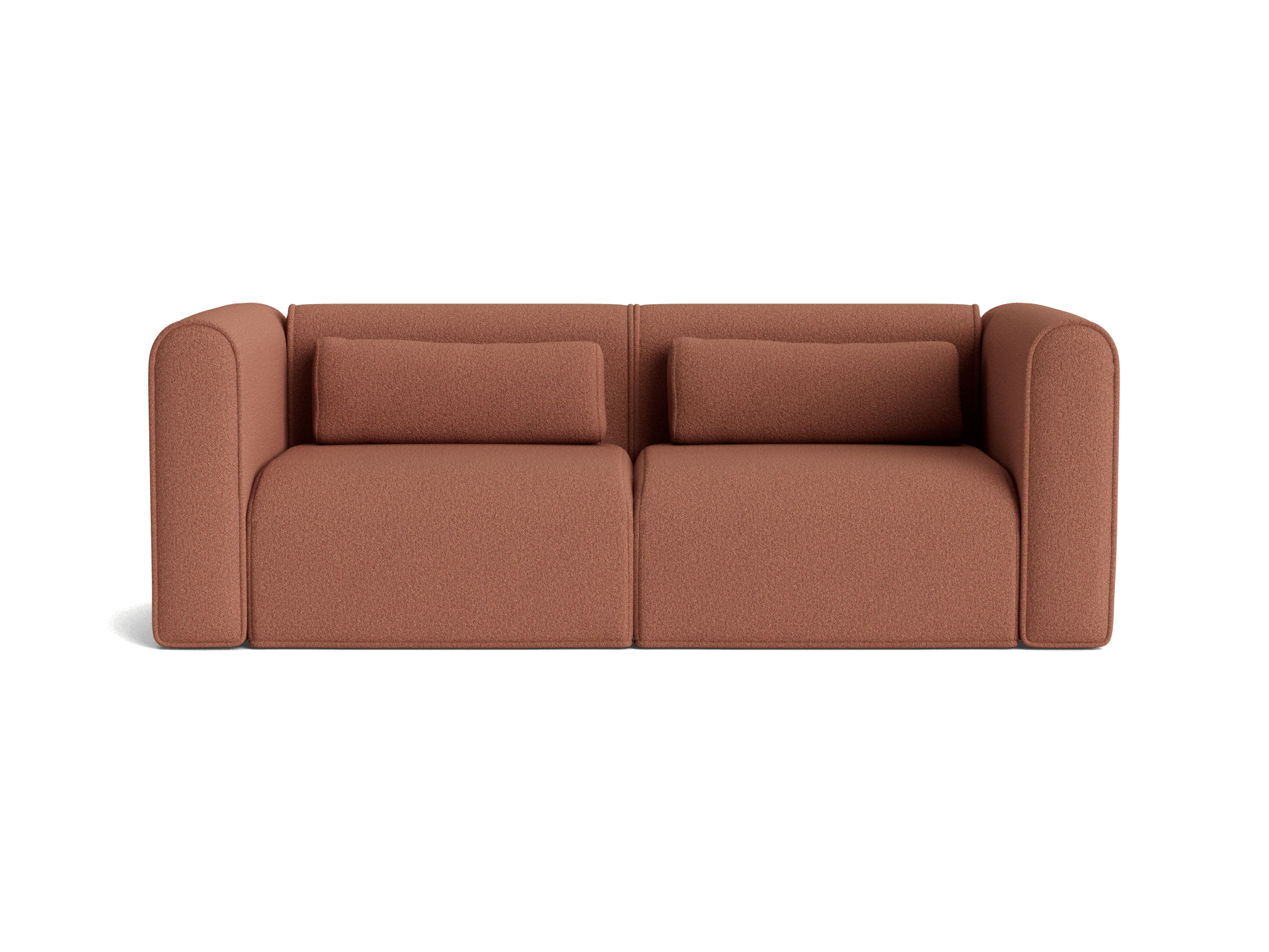 Rust brown sofa with curved armrests, two seat cushions, and two rectangular back cushions. Modern, minimalist design on a white background.