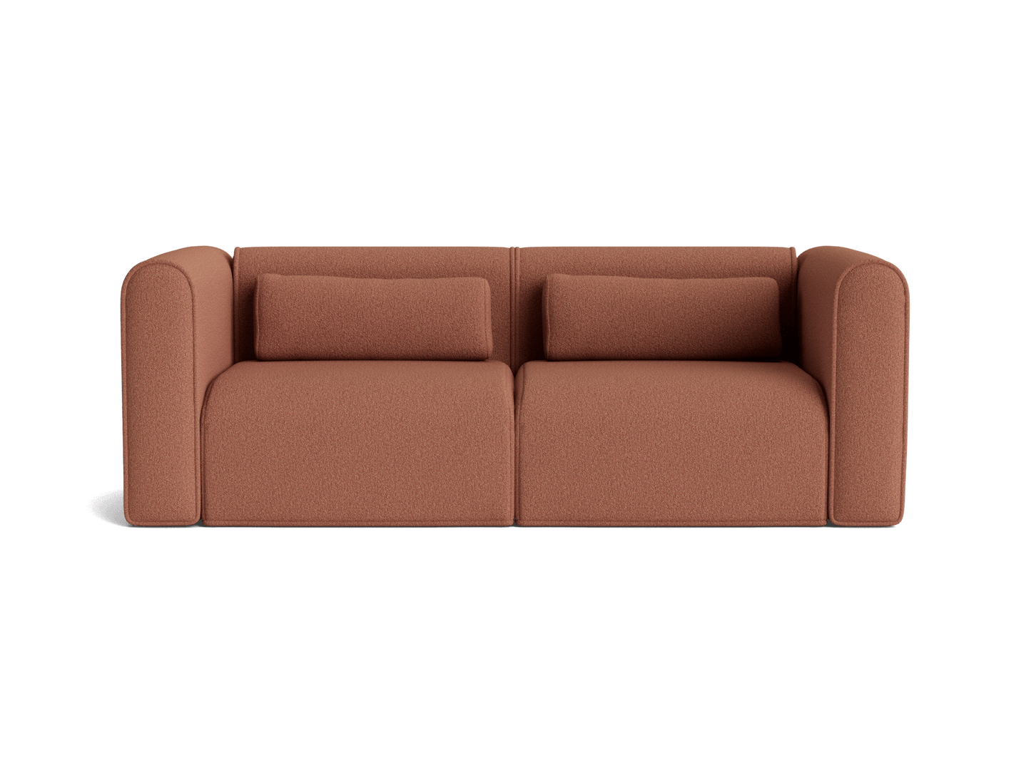 Modern brown two-seater sofa with curved armrests and matching cylindrical cushions on a neutral background.