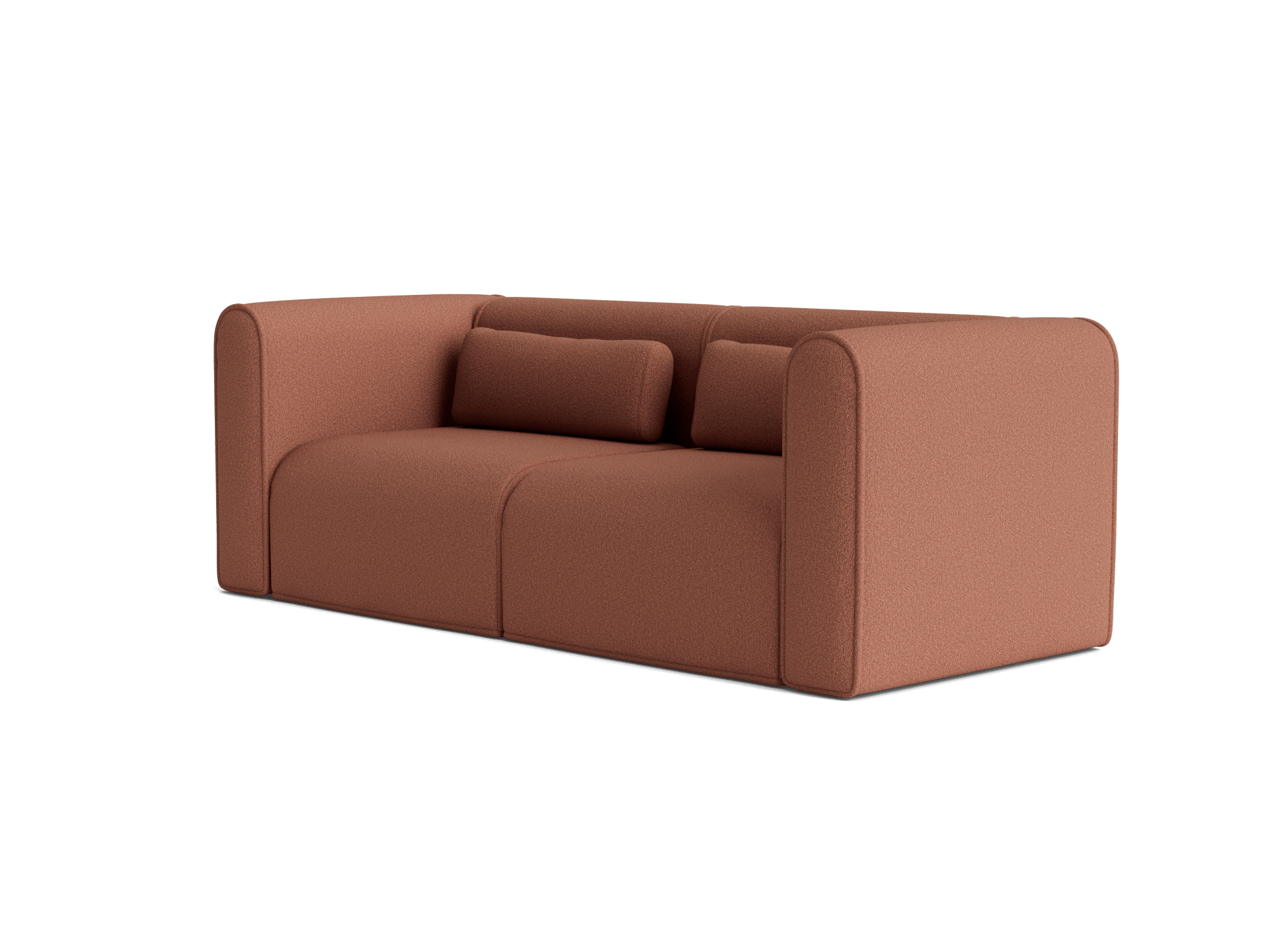 Modern brown sofa with rounded arms and two back cushions on a plain white background.