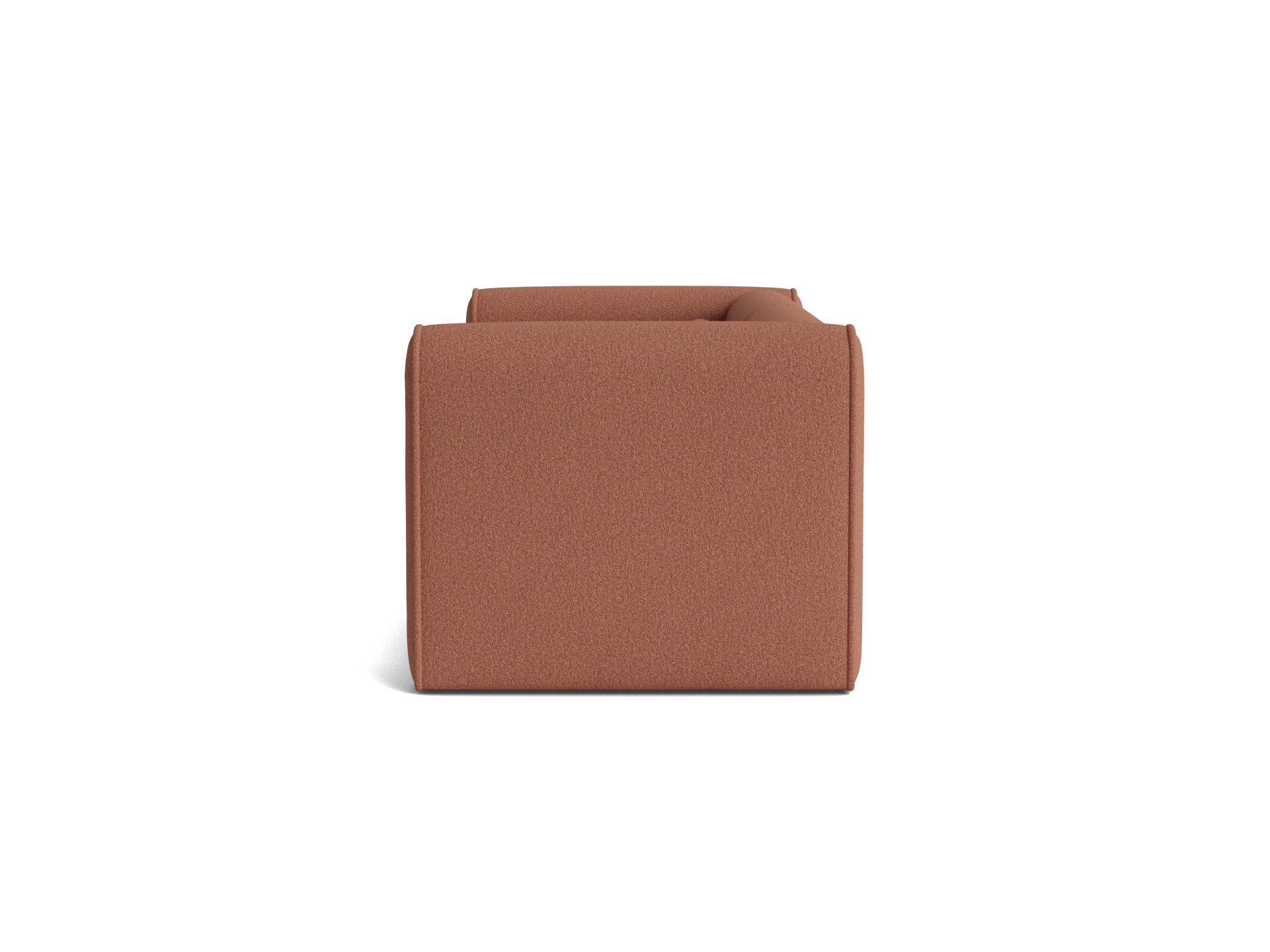 Square, minimalistic brown armchair viewed from the side with a clean, modern design and soft fabric upholstery.