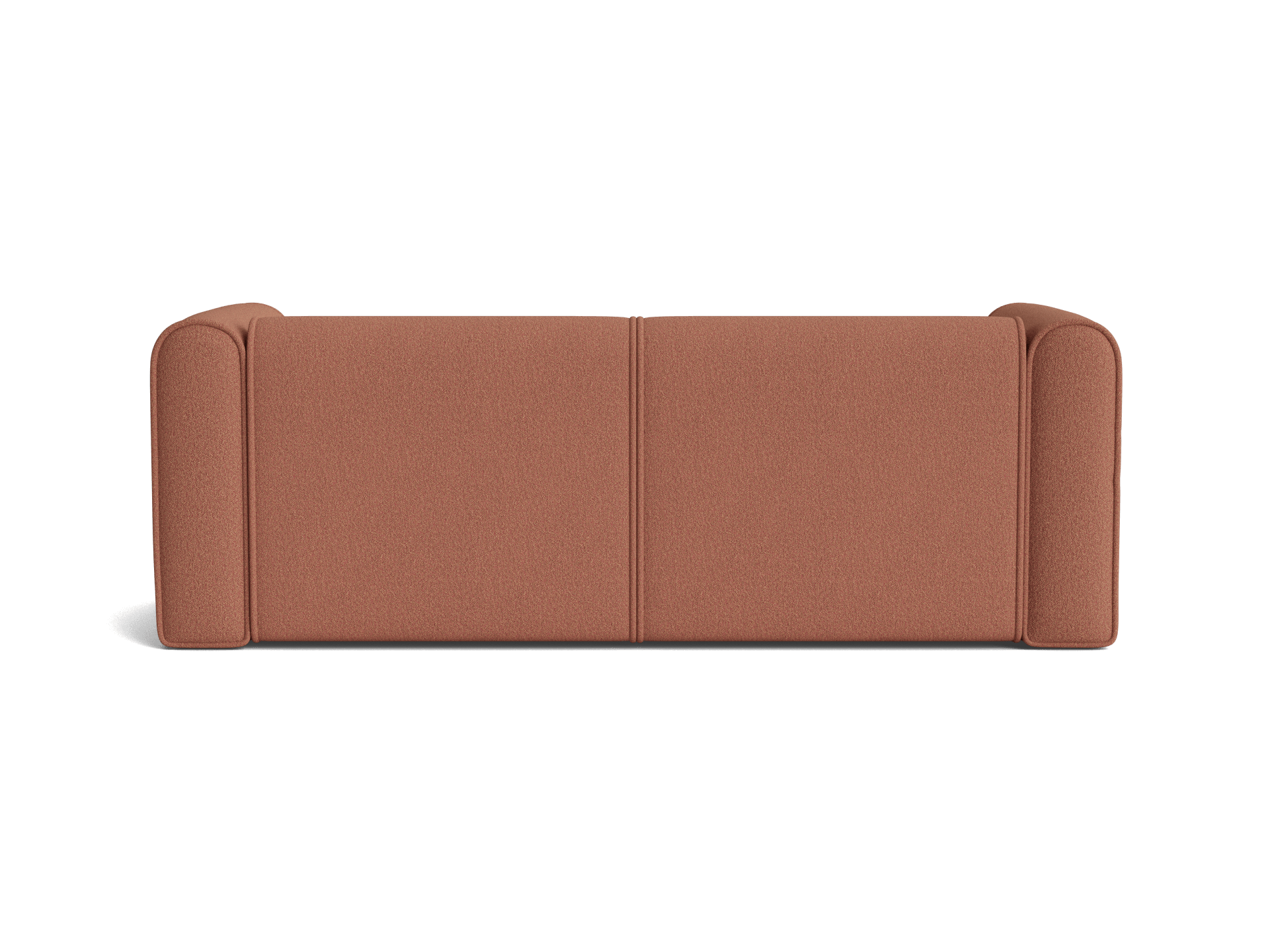 Brown upholstered sofa with rounded edges, minimalist design, and a seam down the middle. Perfect for modern living room decor.