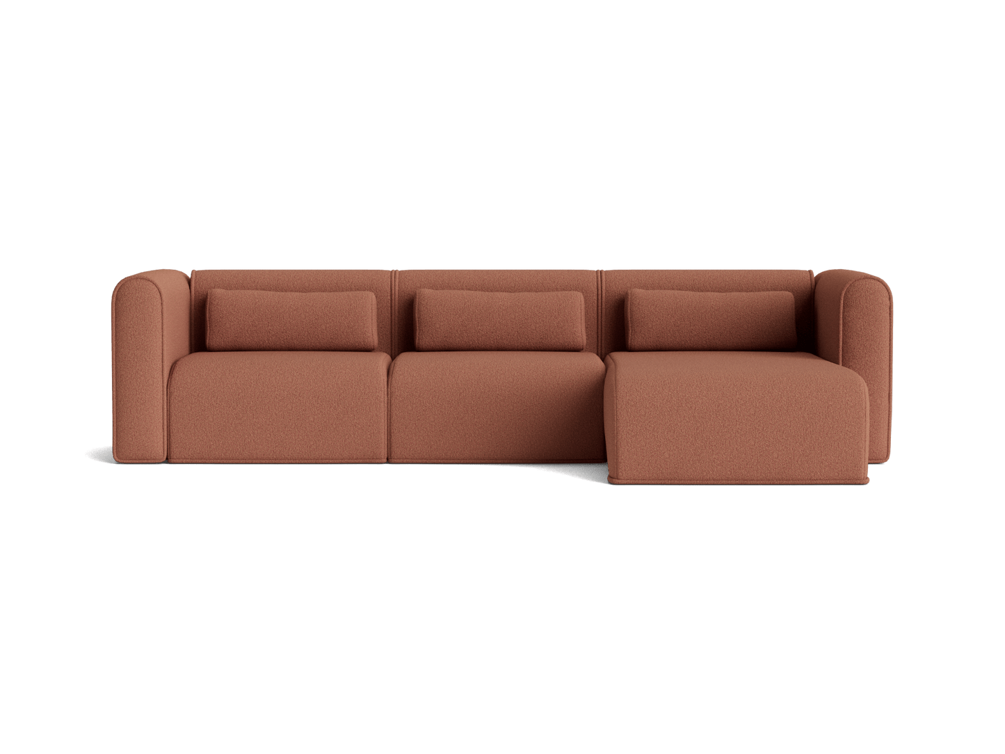 Contemporary brown fabric sectional sofa with three seat cushions and right chaise. Modern design with rounded armrests.