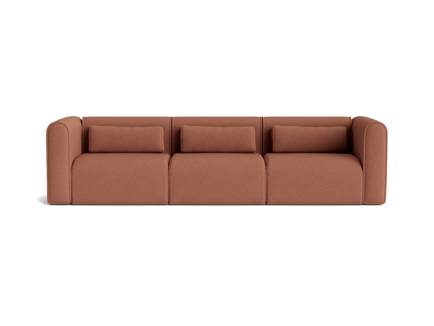 Rust-coloured modern three-seater sofa with plush cushions and rounded arms, set on a plain background.