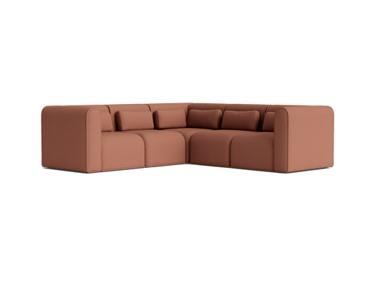 Brown L-shaped modular sofa with cushioned backrests and seats, featuring sleek curved edges, perfect for modern living spaces.
