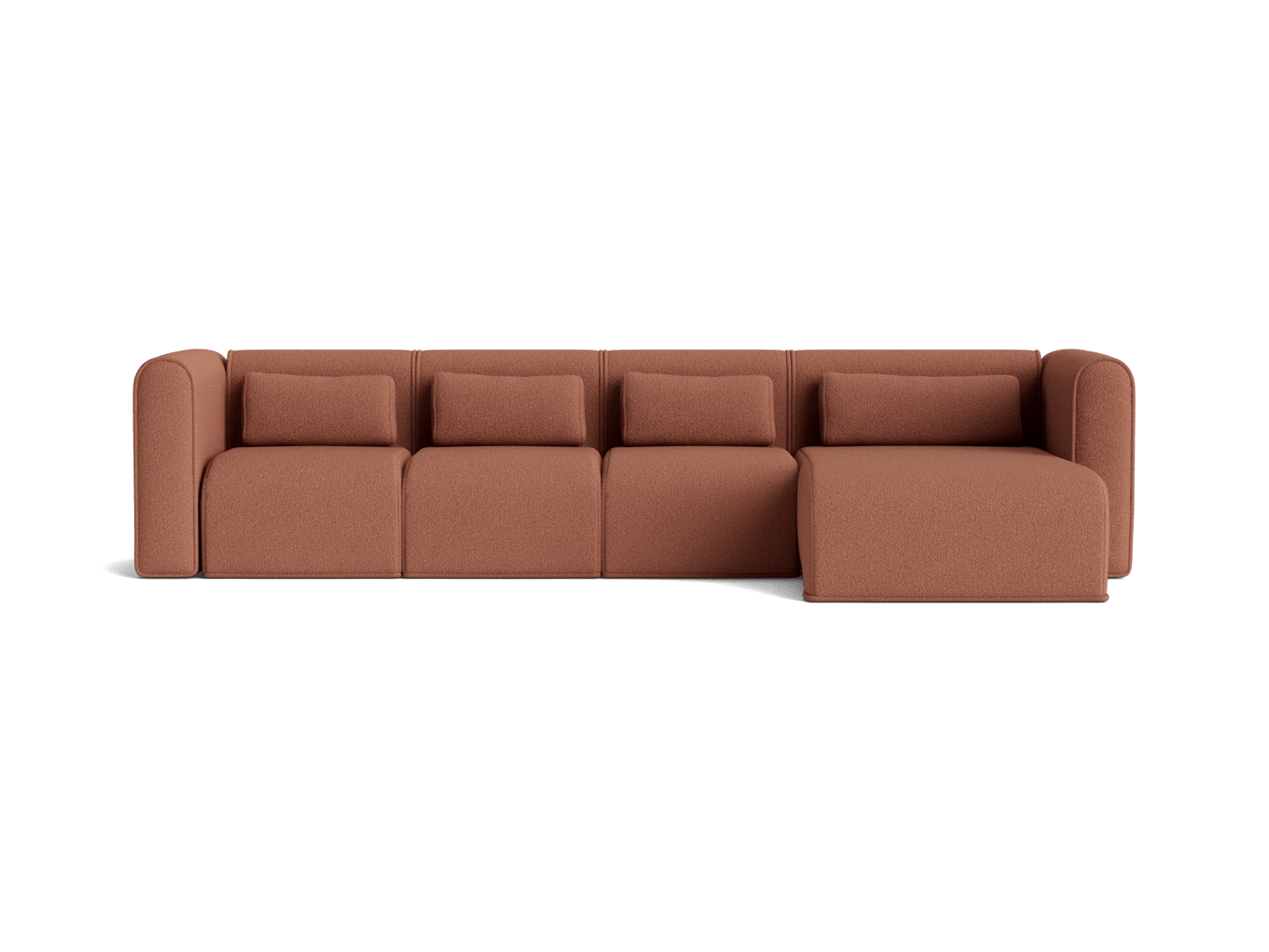 Rust-coloured modular sectional sofa with rounded edges and a right-hand chaise. Features five spacious seats and plush back cushions.