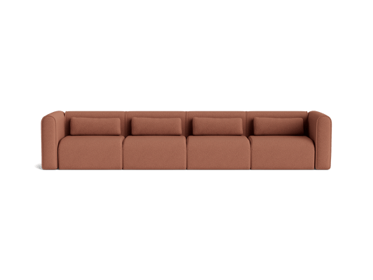 Four-seater brown sofa with rounded arms and clean, modern design, featuring square back cushions.