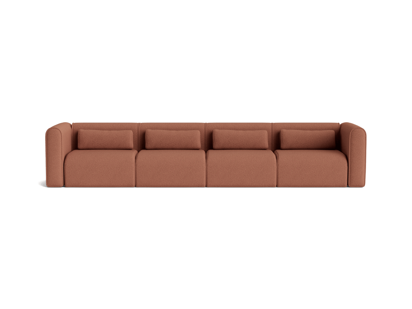 Brown four-seater modular sofa with rounded arms and clean lines, perfect for modern living room or office settings.