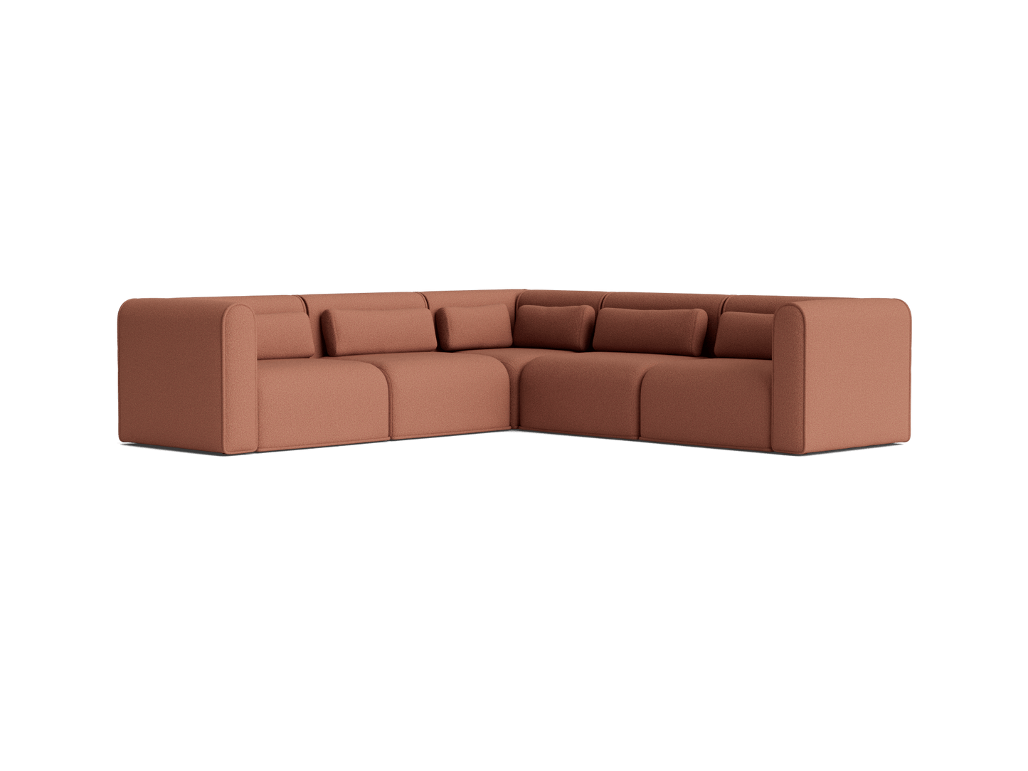 Brown L-shaped sectional sofa with rounded arms and cushioned backrests on a plain white background.