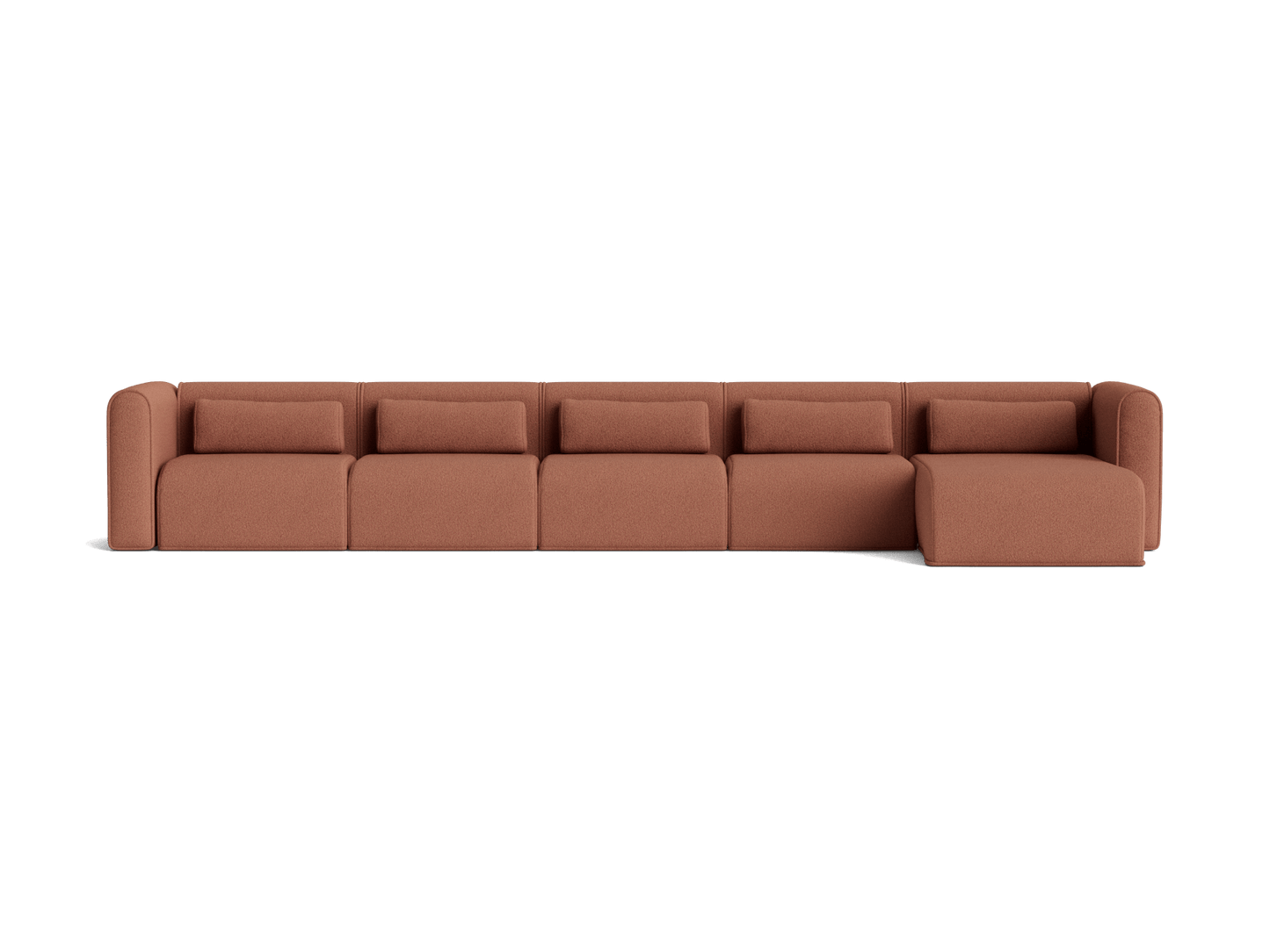 Long brown modular sofa with five cushioned seats, one with chaise lounge extension. Modern design, perfect for spacious living areas.