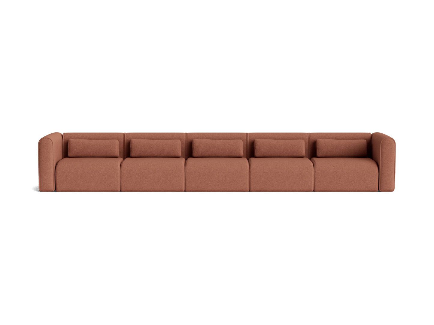 Long brown modular sofa with six segments, each featuring a back cushion. The design is modern and streamlined.